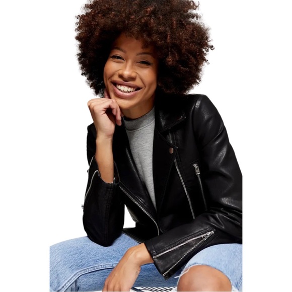 TOPSHOP Fred Faux Leather Biker Jacket Size: 4P Color: Black - Picture 1 of 16